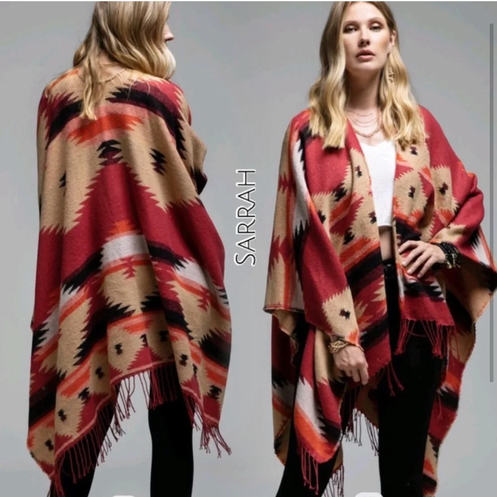 Last 1 New Southwest Print Ruana Wrap with Fringe it’s so soft! - Picture 2 of 6